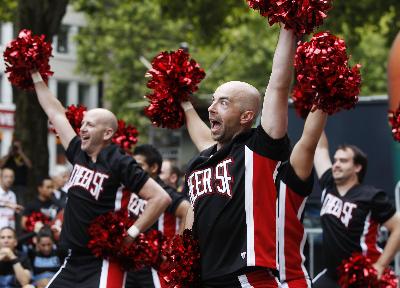 Male cheerleaders perform during the Gay Games VIII in Cologne August 2, 2010. Some 10,000 gays and lesbians competed in 35 kinds of sport during the 8-day event, which aims to promote self-confidence of homosexual communities around the world, the organizer said on its website.